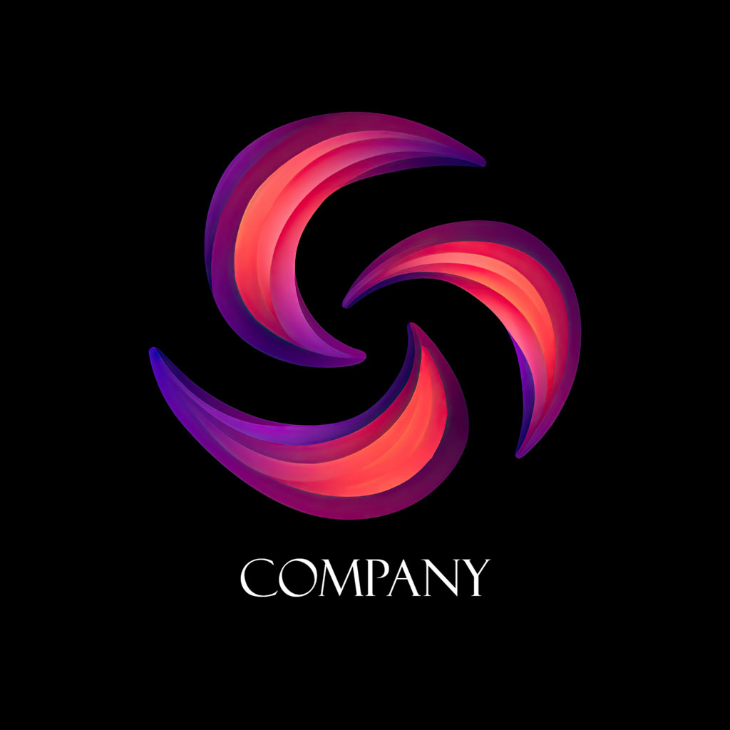 Stylized company logo with swirling pink and purple shapes