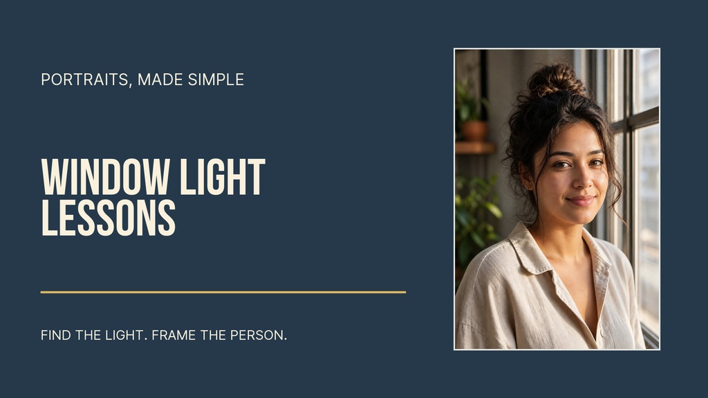 Dark blue title card with a portrait photo beside the text Window Light Lessons.