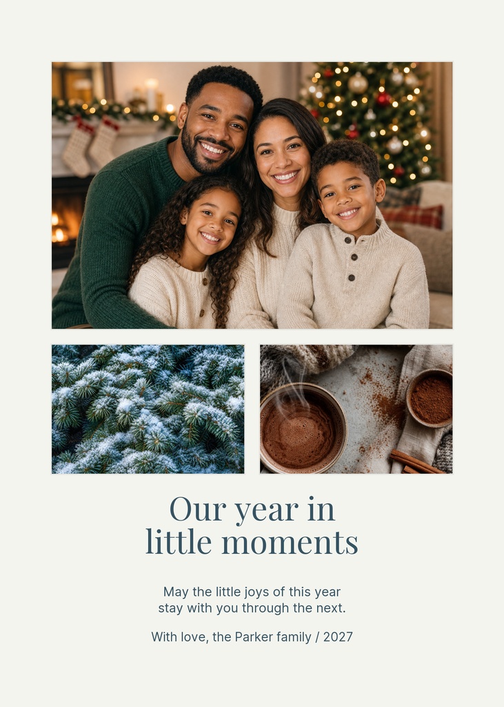 Portrait holiday card template with a family photo collage and the text Our year in little moments.