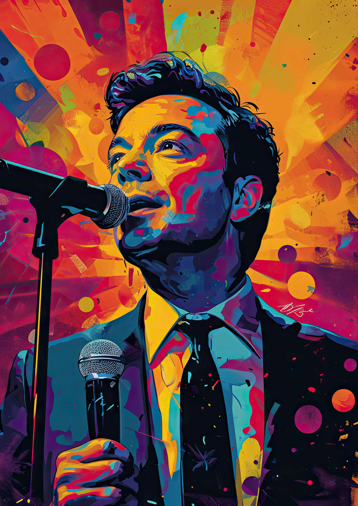 Illustration of a man in a suit singing into a microphone with a vibrant background.