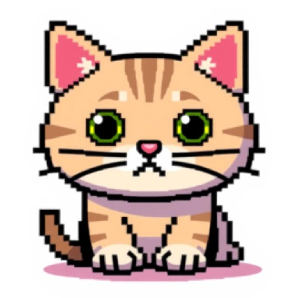 Pixel art illustration of an orange cat with green eyes and pink ears