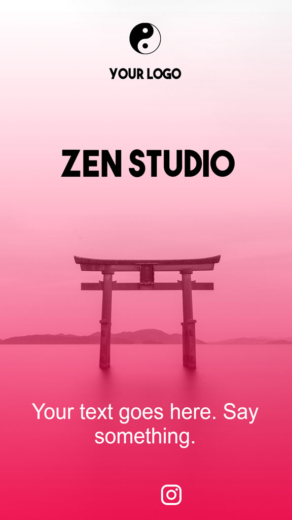 A pink-toned image with a torii gate in the water and a yin-yang symbol at the top.