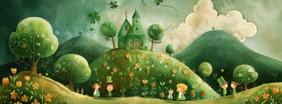 Illustration of a green landscape with a castle on a hill surrounded by trees and flowers