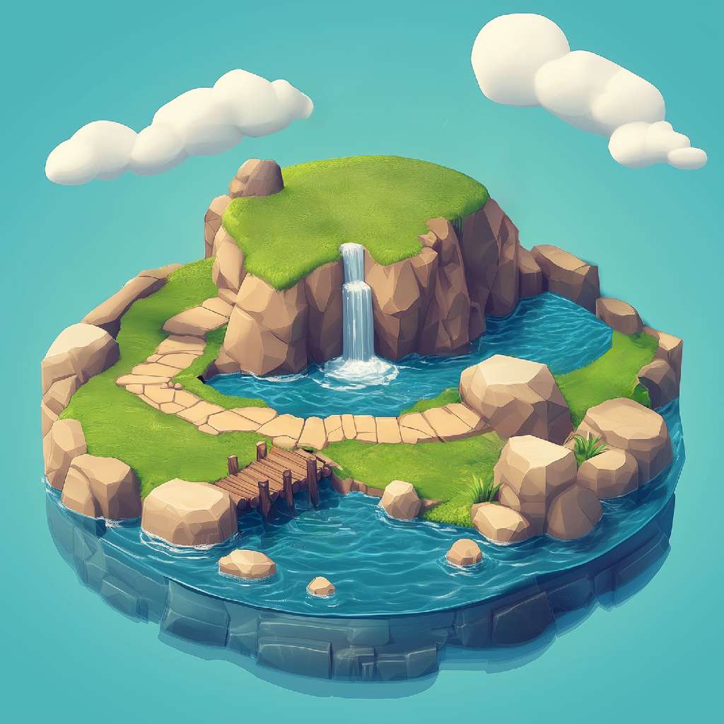 A 3D illustration of a small island with a waterfall and a pond surrounded by rocks and greenery.