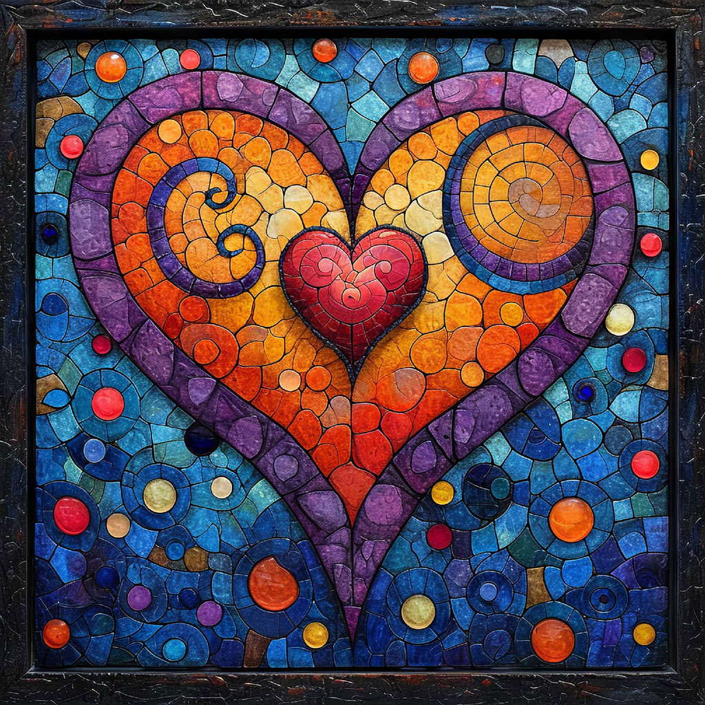 A mosaic artwork of a heart with a smaller heart at its center, surrounded by swirling patterns and colorful dots.