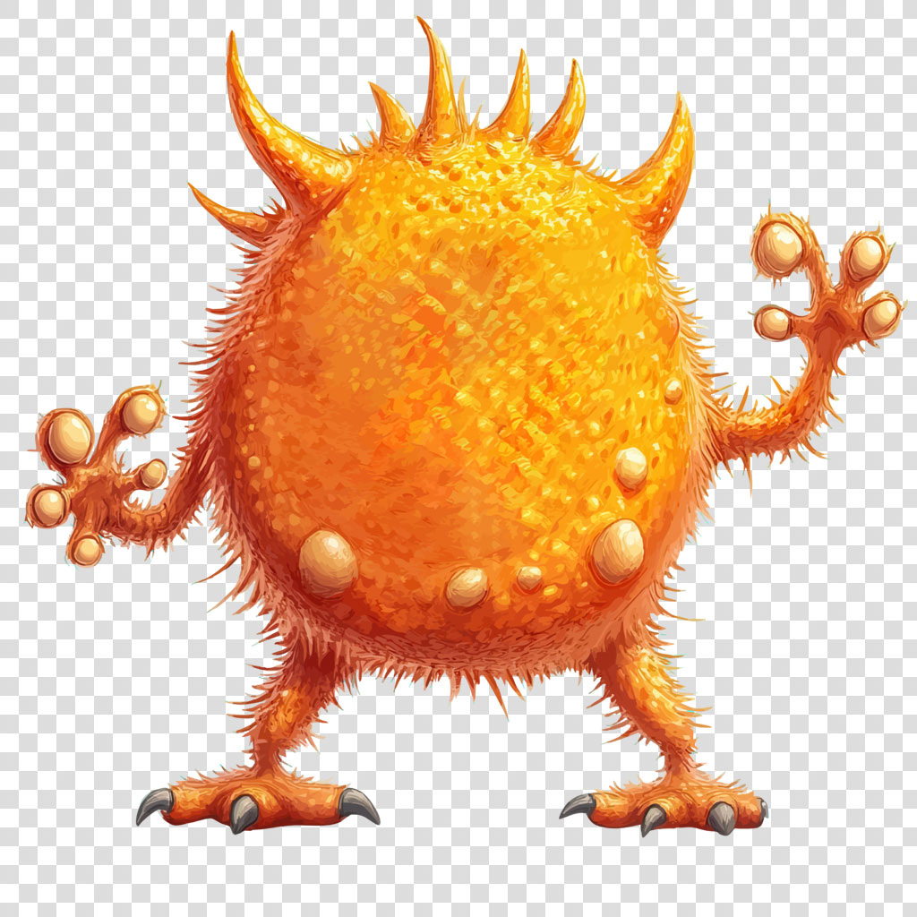 An orange monster with a round body, fuzzy texture, and sharp claws.