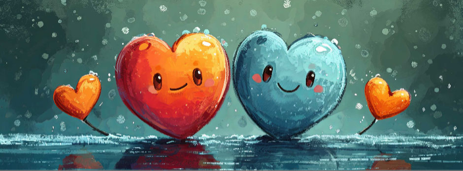 Two large smiling cartoon hearts, one red and one blue, standing in the rain with smaller orange hearts on sticks.