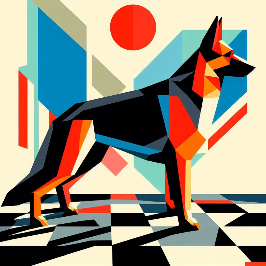 Illustration of a black, white, and tan dog sitting on a geometric patterned floor.