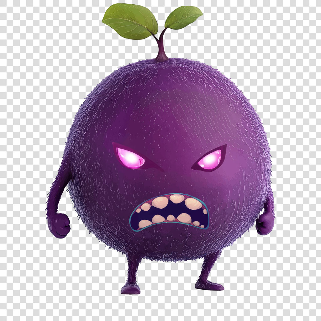 Angry purple fruit character with glowing eyes