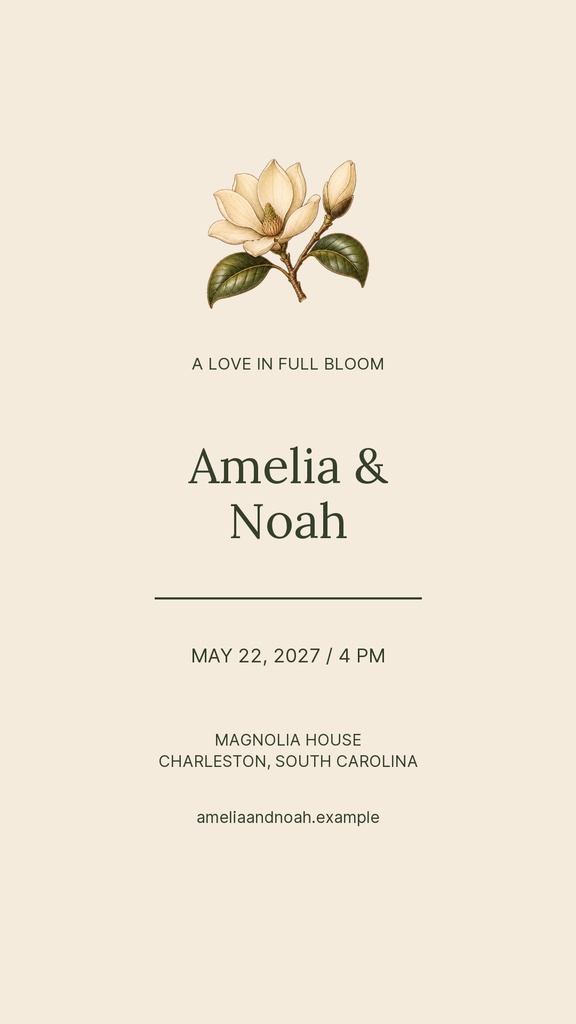 Vertical wedding story template with a magnolia illustration and cream background.