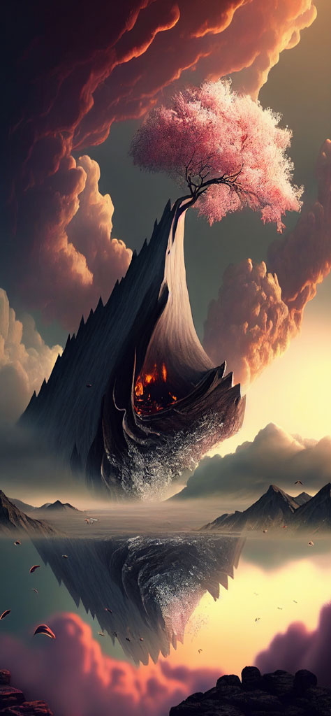 A surreal landscape with a tree having pink blossoms, emerging from a rugged, mountainous terrain reflected in a body of water under a vivid