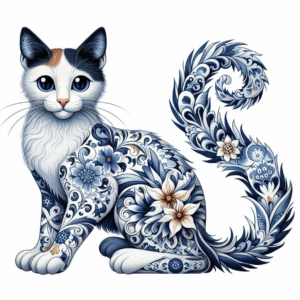 Illustration of a cat with floral patterns