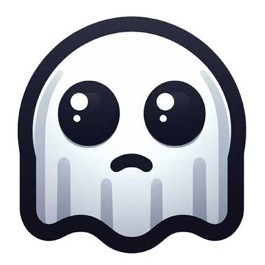A white ghost with a sad expression and big eyes
