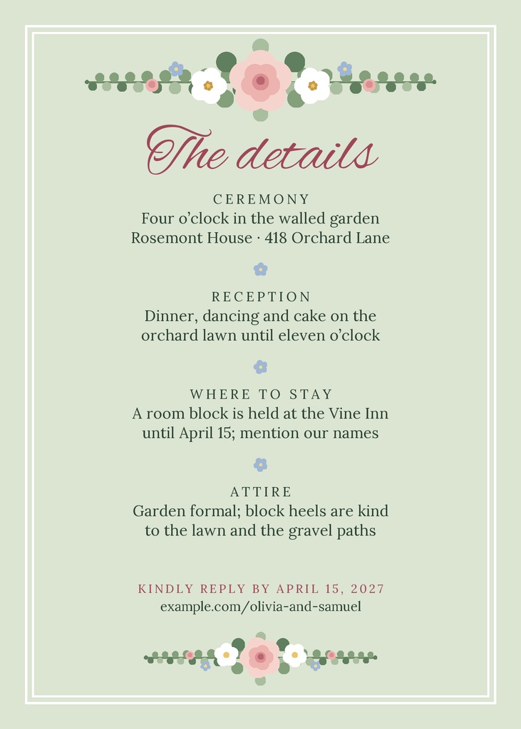 Preview for Garden Party Vows Details Card Template