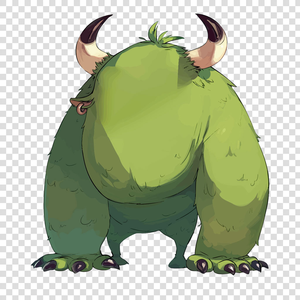 A large, green cartoon monster with horns and sharp claws