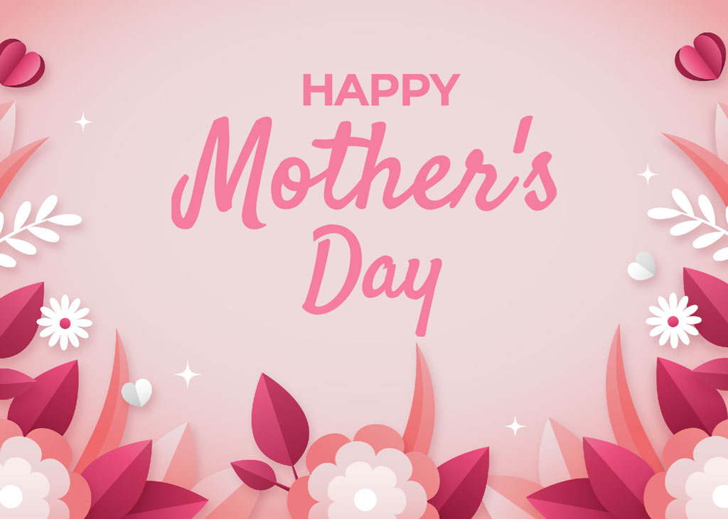 Happy Mother's Day graphic with pink flowers and hearts