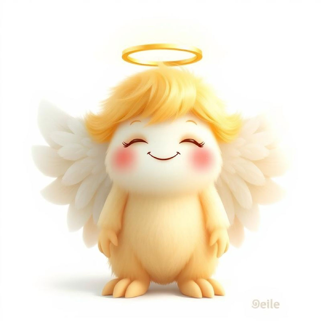 A smiling angel figurine with white wings and a golden halo