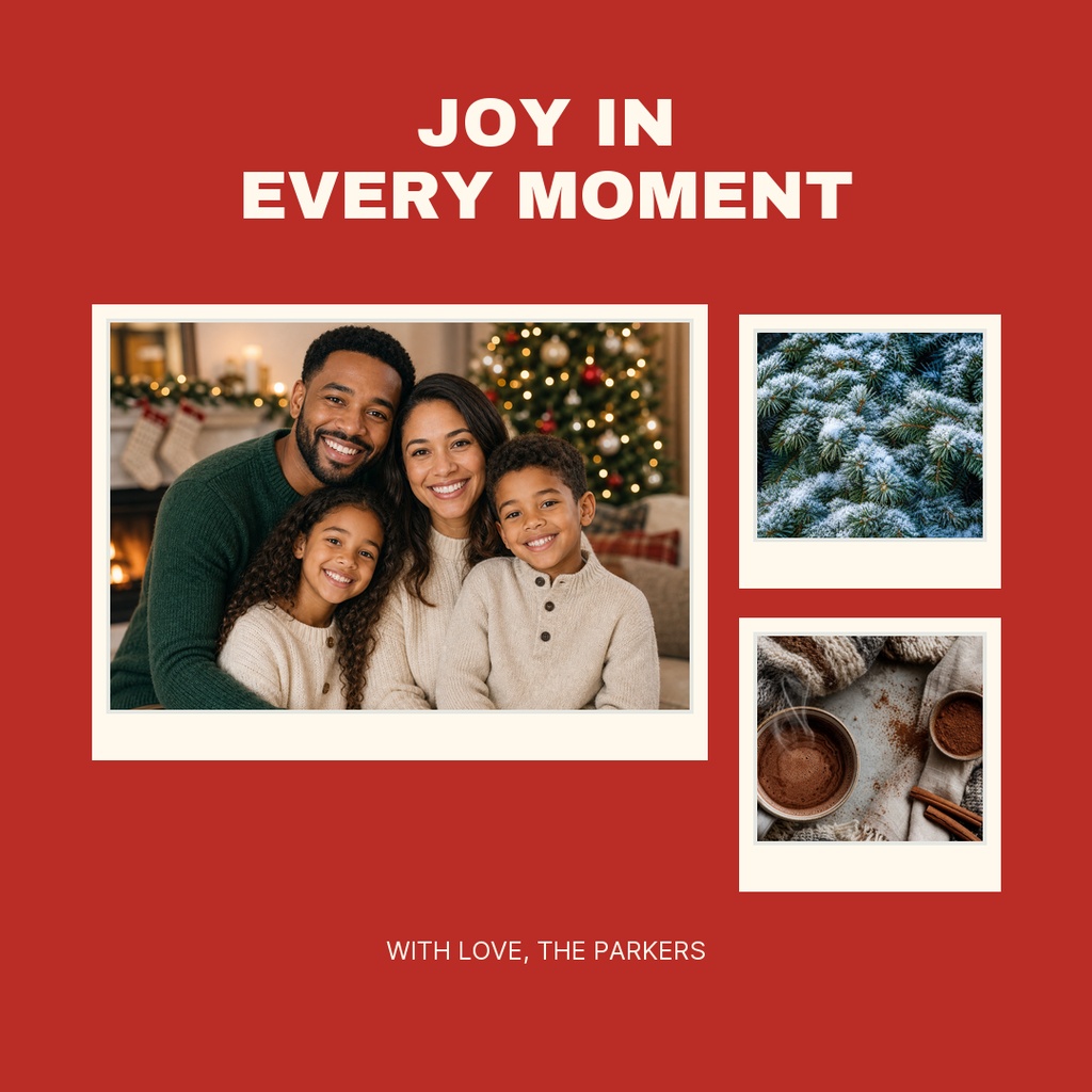 Square holiday card with a family photo, two smaller seasonal images, and red background text.
