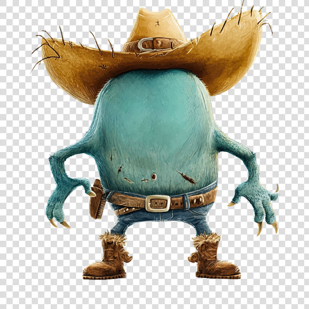 Cartoon cowboy character with blue body and cowboy hat