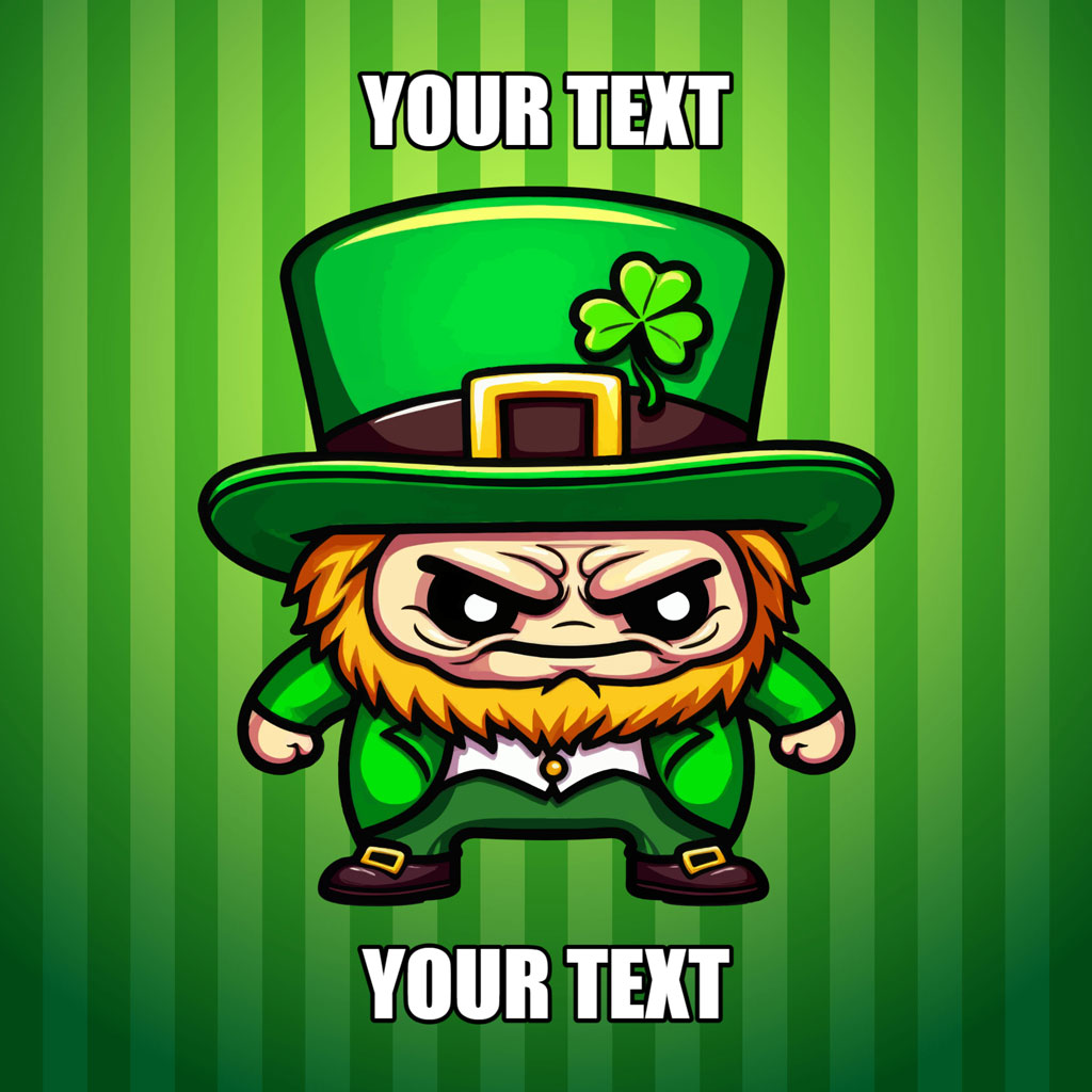 Angry leprechaun cartoon character with green hat and striped background