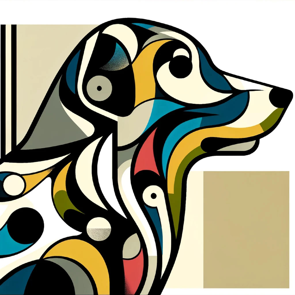 Digital art of a dog's face with a city background