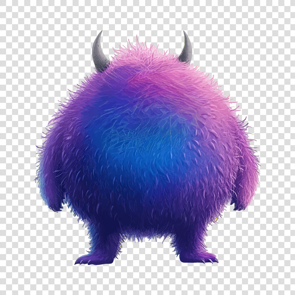 A purple and pink furry monster with two horns