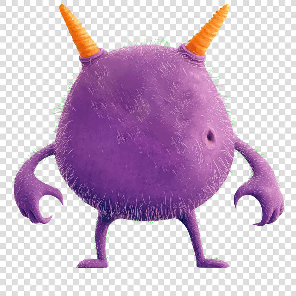 A purple monster with two orange horns and a smiling face.