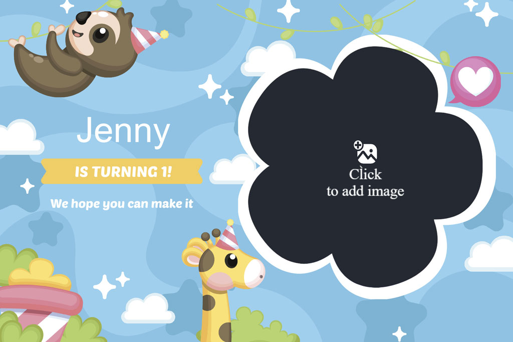 Digital birthday card with cartoon sloth and giraffe