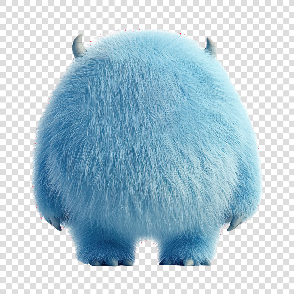 Rear view of a large, fluffy blue monster with small horns and claws