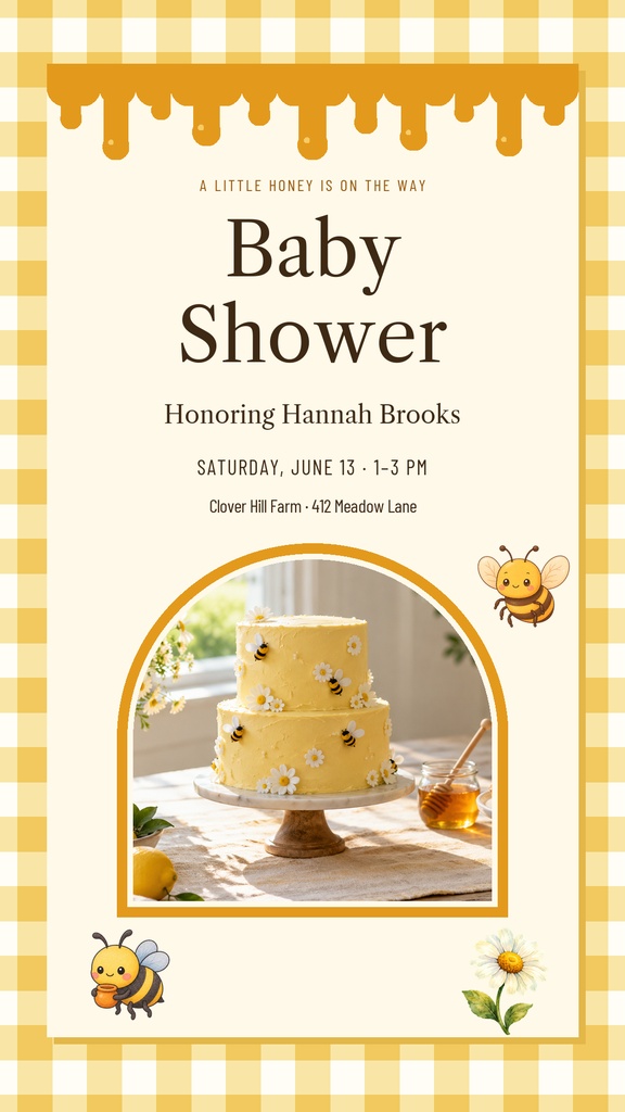 Bee-themed baby shower story template with honey drip header, cake photo, and cartoon bees.