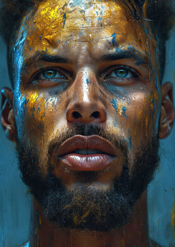 A man with blue and gold paint on his face