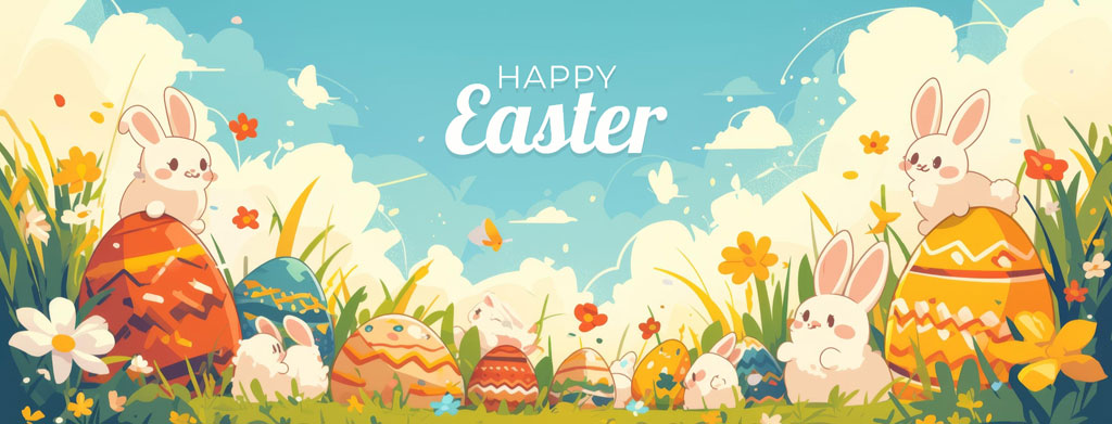 Easter bunnies and decorated eggs in a colorful meadow