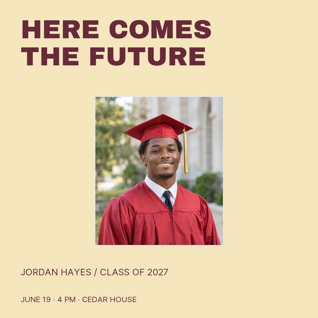 Square graduation post with a graduate portrait and the headline Here Comes the Future.