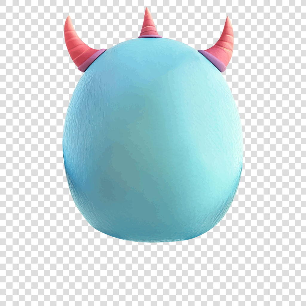 A blue plush toy with red horns