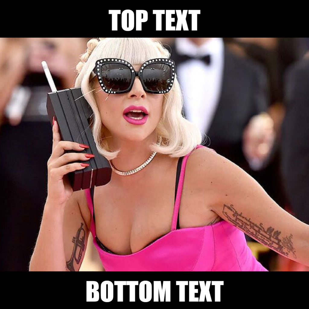 Lady Gaga in pink dress holding a black phone shaped like a gun