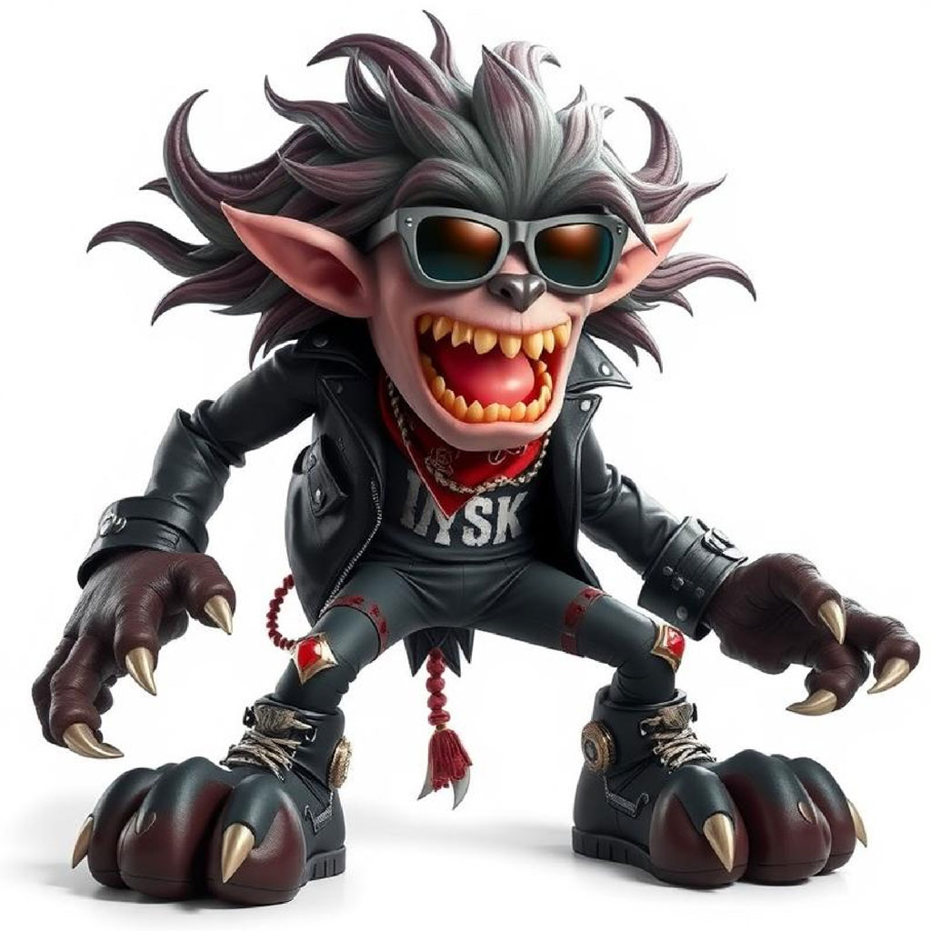 A cartoon monster with punk rock style, wearing sunglasses and a leather jacket, and having sharp teeth and claws.