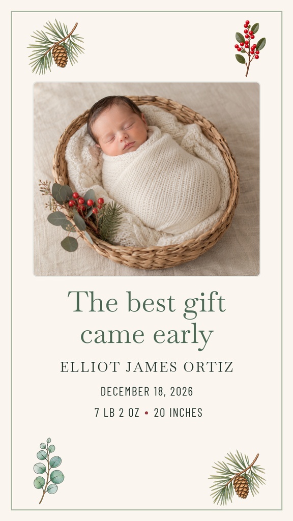 Vertical birth announcement template with a sleeping newborn in a woven basket and winter greenery accents.