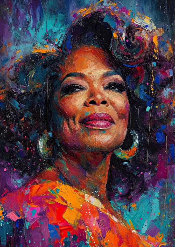 A painting of a smiling woman with curly hair and large earrings.