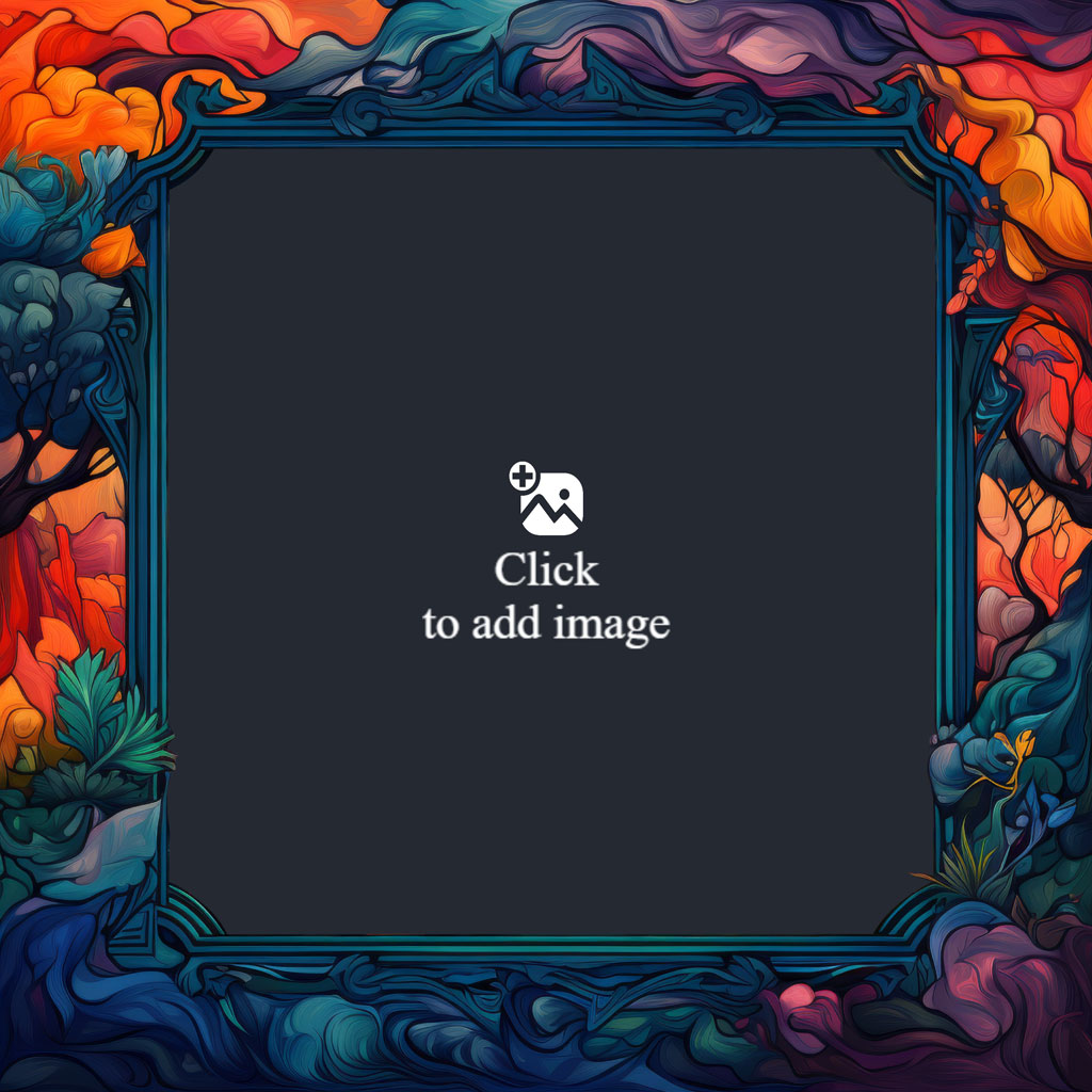 An ornate, colorful frame with a dark gray center and swirling patterns.