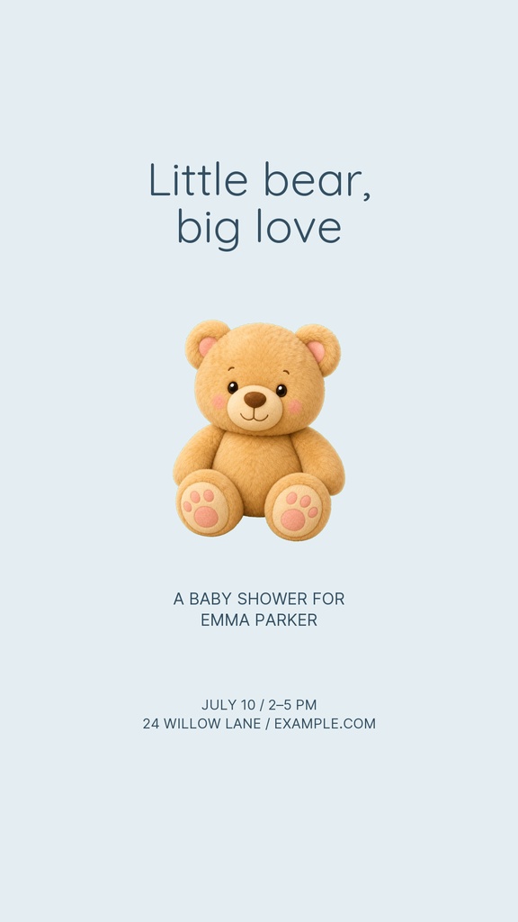 Soft blue Instagram story template with a teddy bear and baby shower text.
