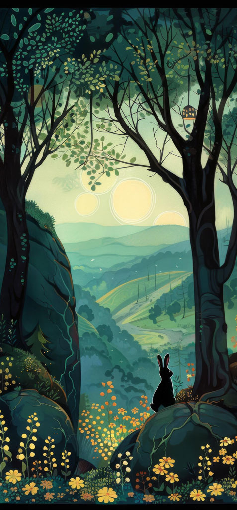 Illustration of a rabbit in a peaceful forest setting