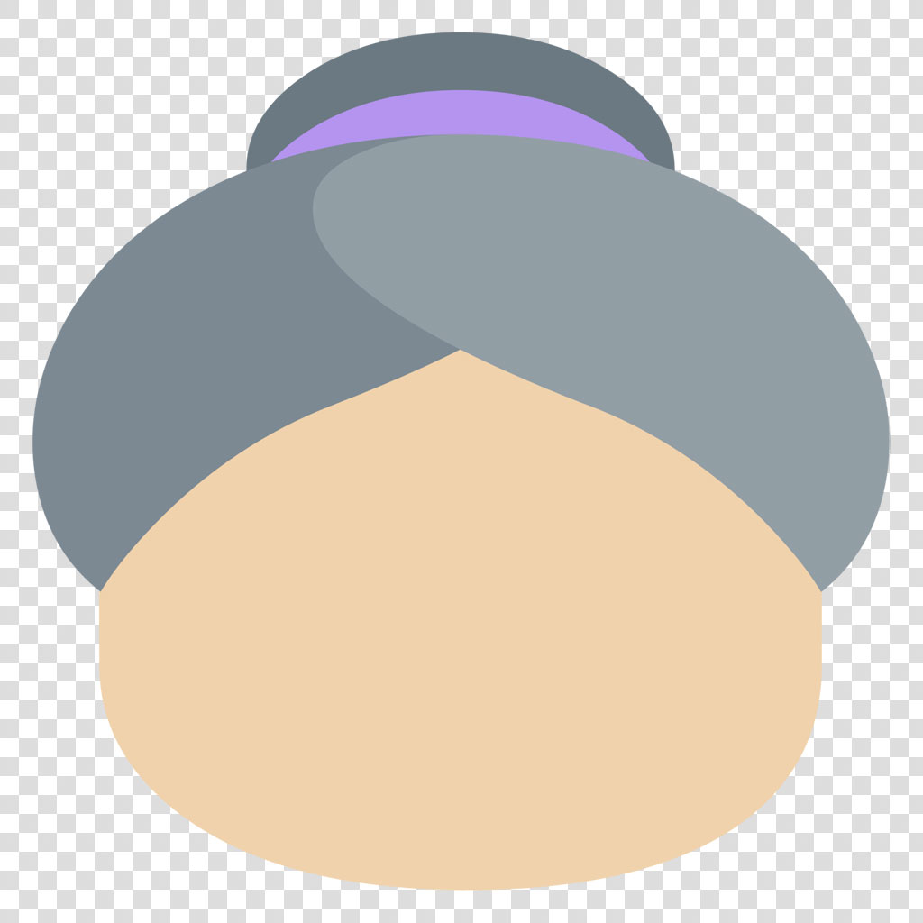 Illustration of a woman's head with gray hair covering and purple band