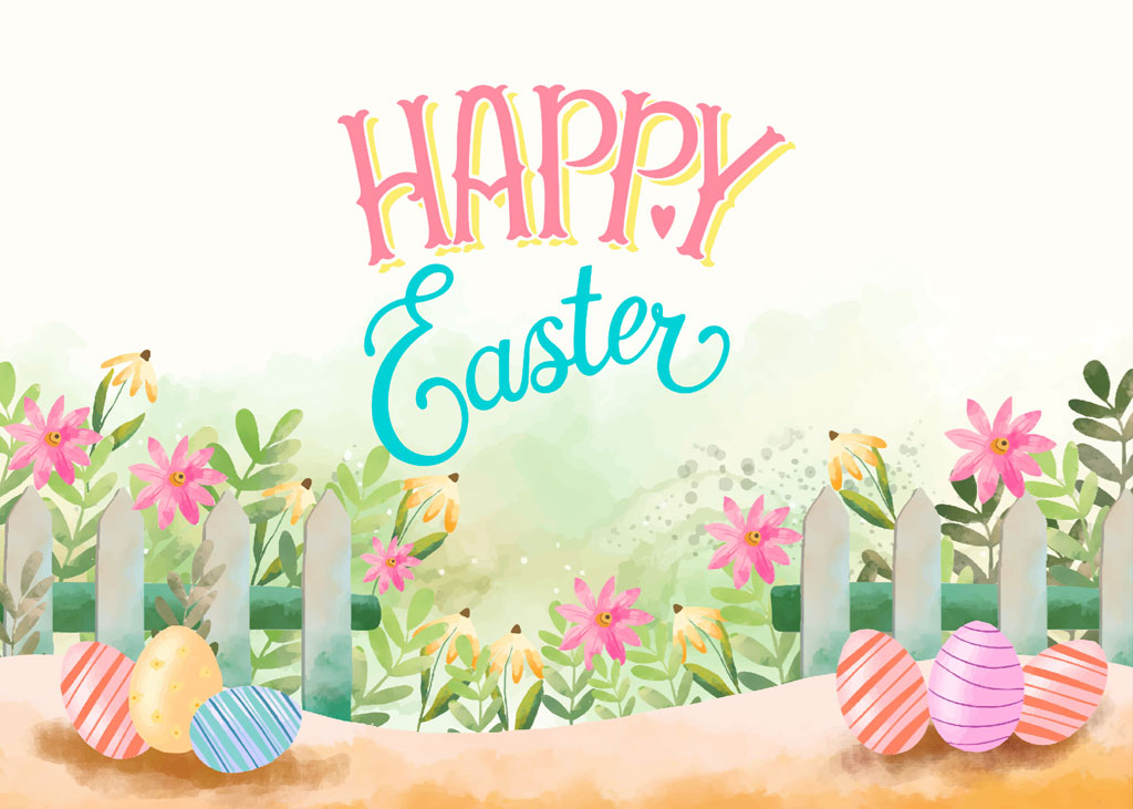 Happy Easter greeting with eggs and flowers