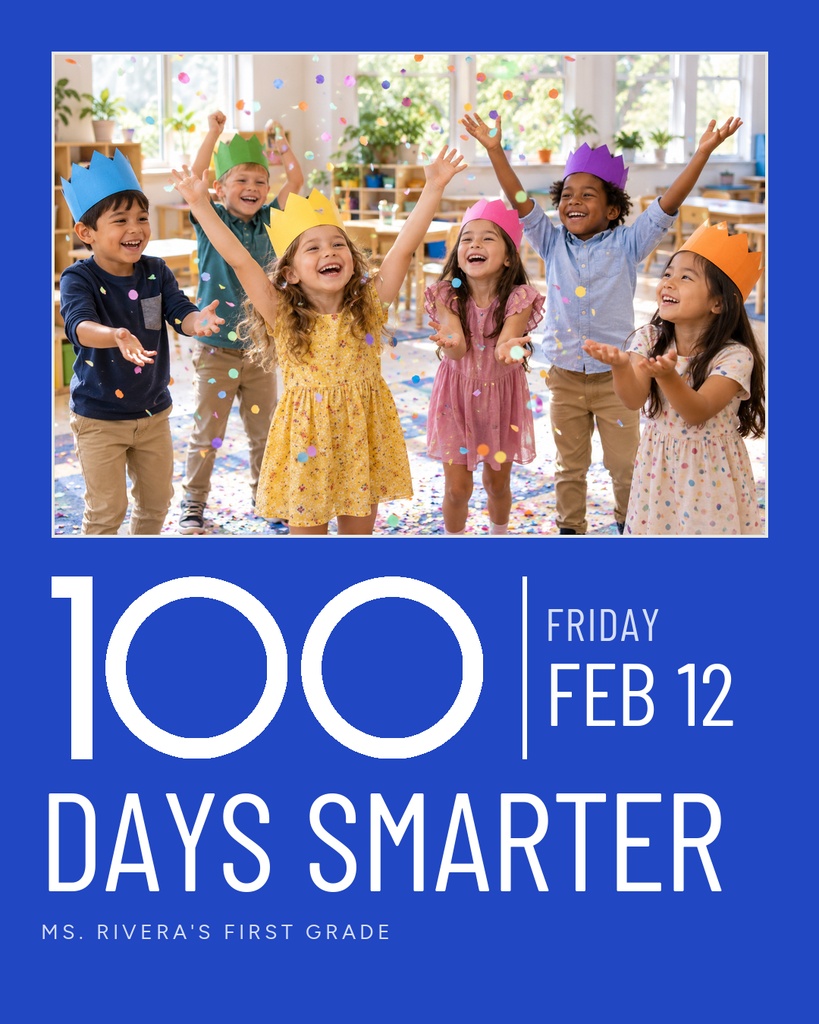 Portrait school celebration template with children in party hats and large text reading 100 Days Smarter.