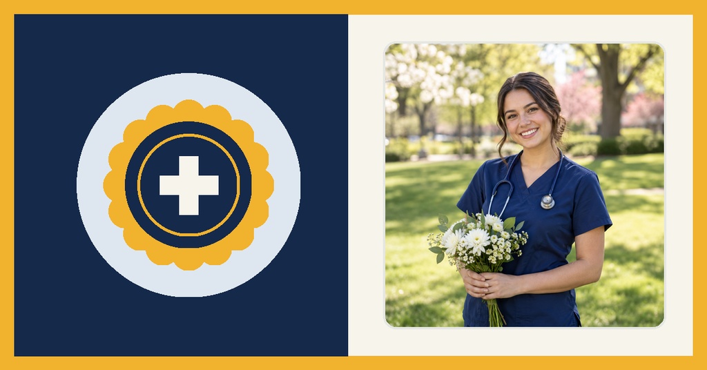 Nurse pinning ceremony cover with medical emblem and smiling graduate holding flowers
