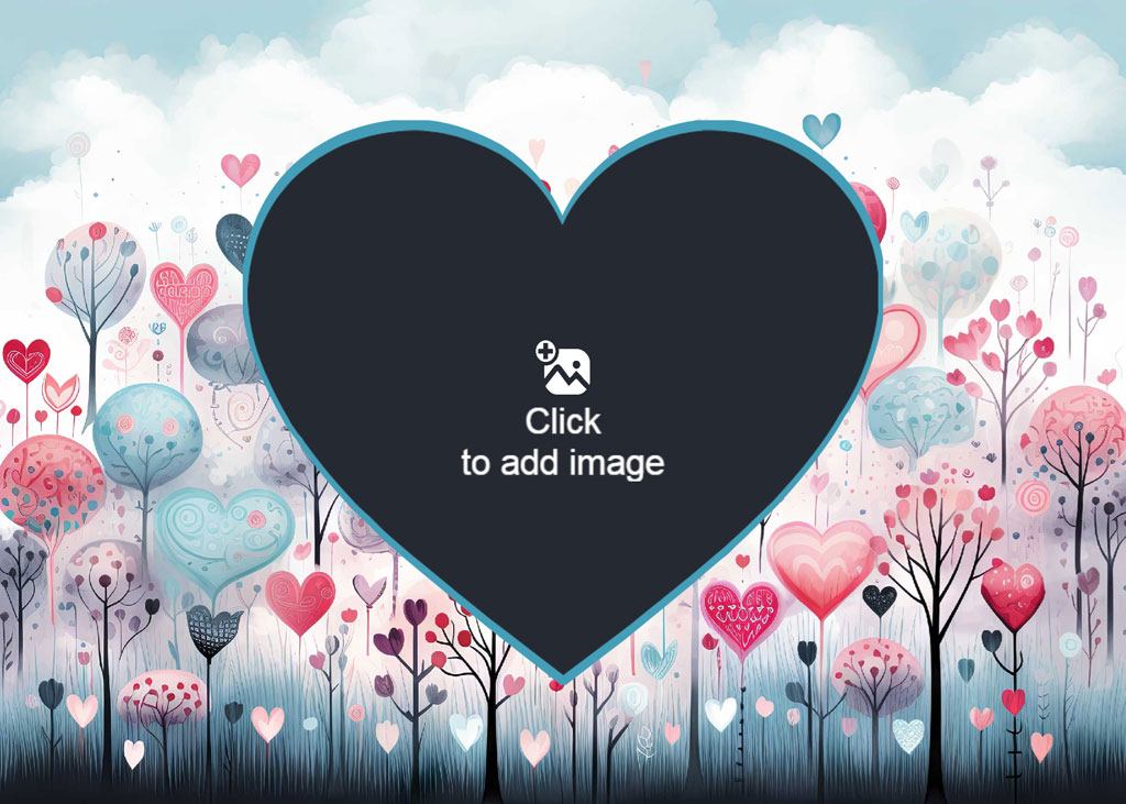 A large black heart in the center, surrounded by heart-shaped trees in various colors.