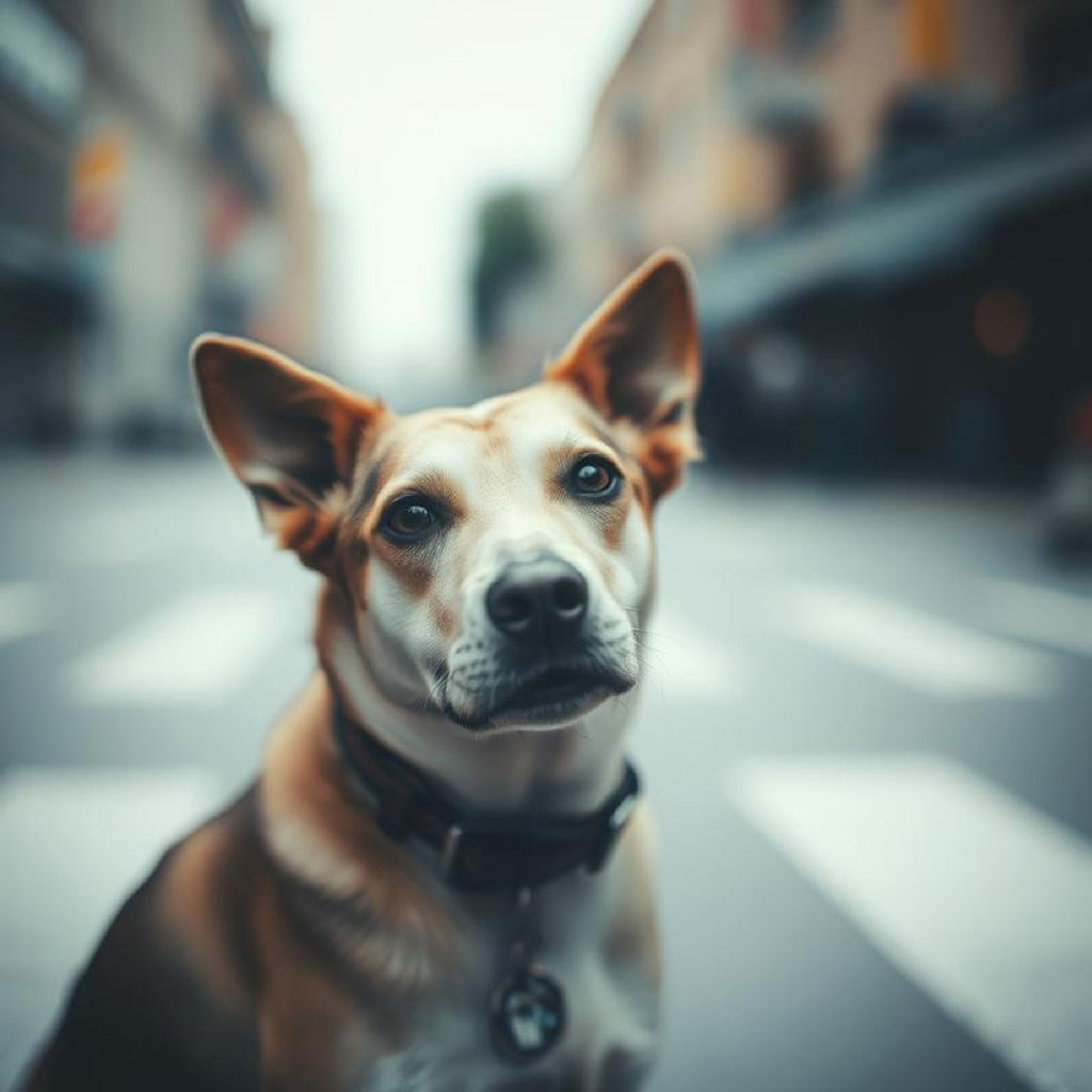 A dog with a white and brown coat standing on a city street