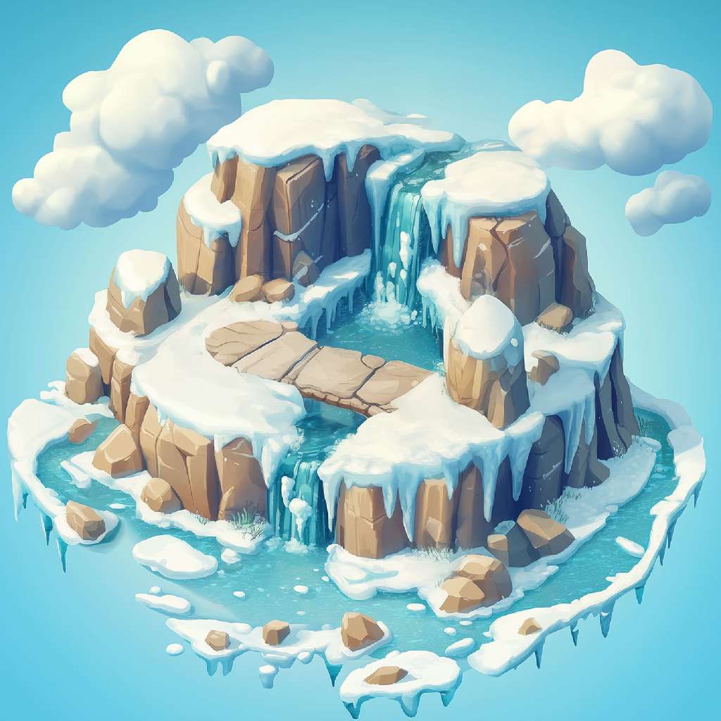 A 3D illustration of a small island with a lake and waterfall, covered in snow and ice.