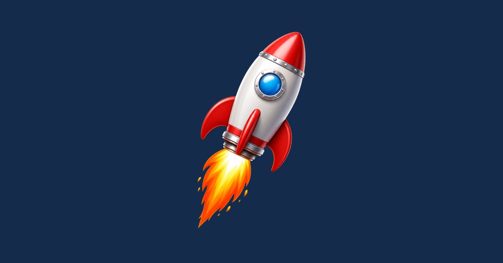 A red-and-silver rocket flying upward against a dark blue background.