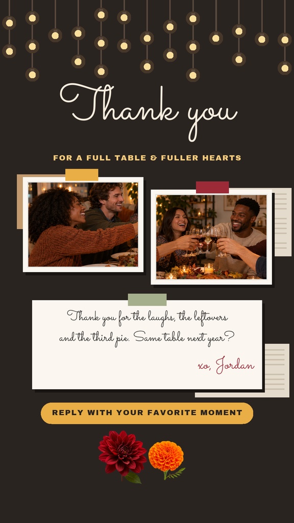 Friendsgiving Instagram story template with two photos, thank you text, and a reply prompt.